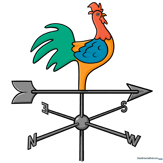 The finished, colored weathervane drawing featuring a metallic rod and a vibrant rooster.