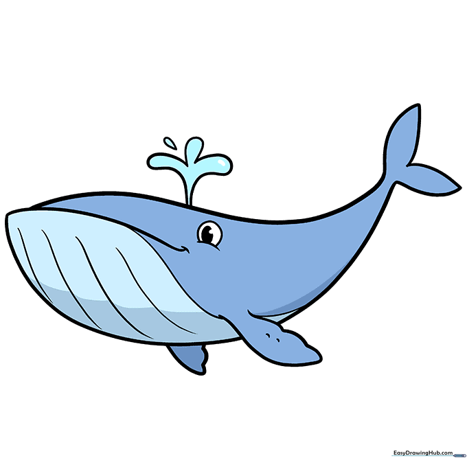 A fully colored, friendly cartoon whale in shades of blue and gray.
