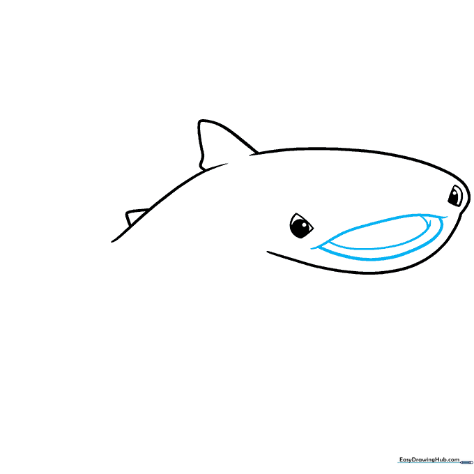 Sketch showing the addition of a wide, curved mouth on the whale shark's face.