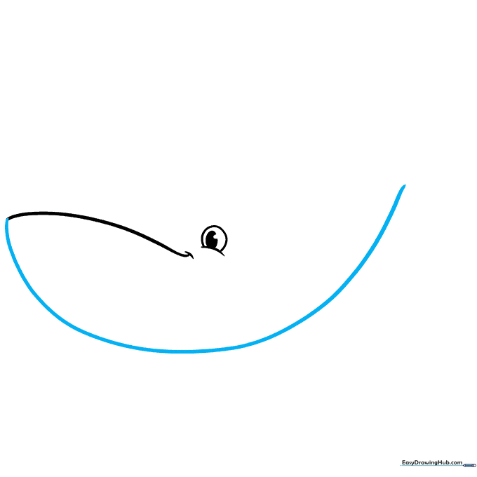 Drawing the bottom curve of a whale's body extending from the mouth area.