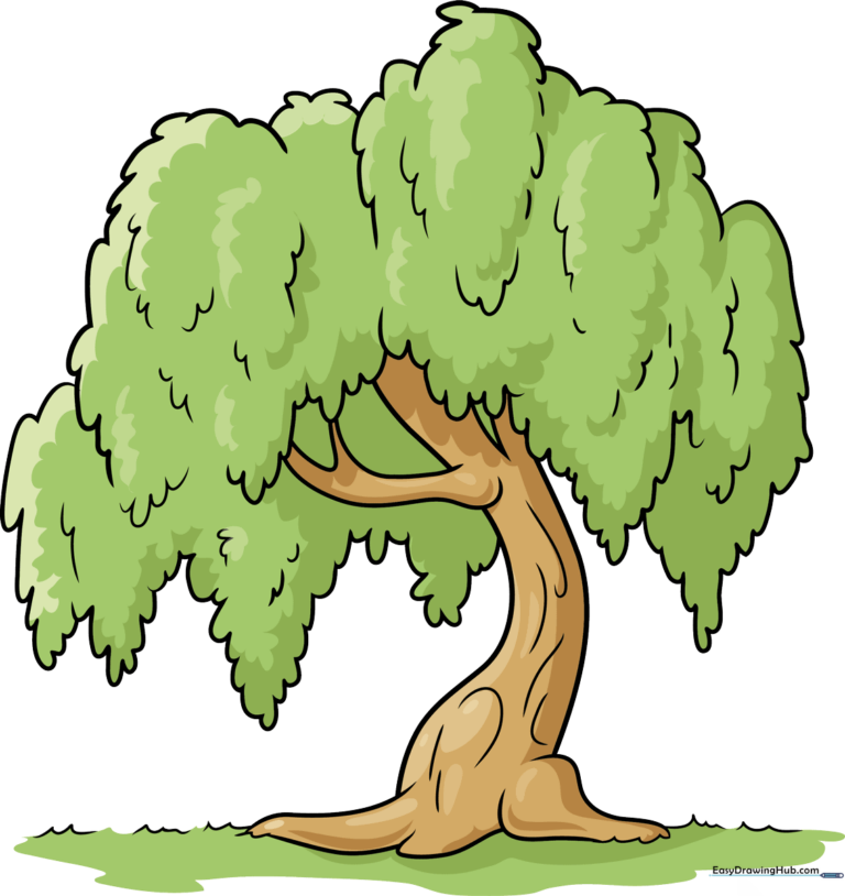 A completed, vibrant drawing of a willow tree, showcasing the final result of the tutorial