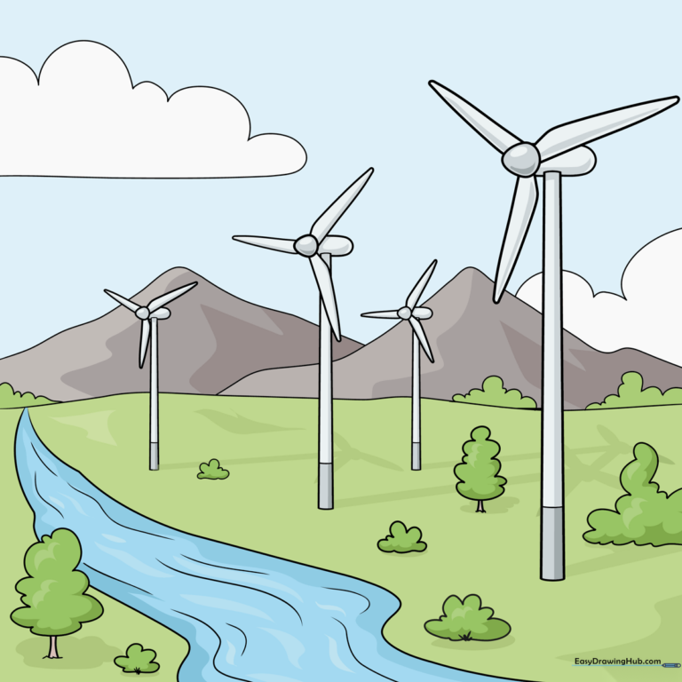 A colorful, finished illustration of a wind turbine in a green field.