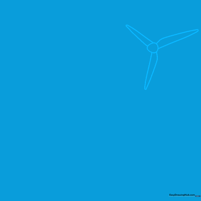 Pencil sketch of a wind turbine hub with three radiating lines on a white background.