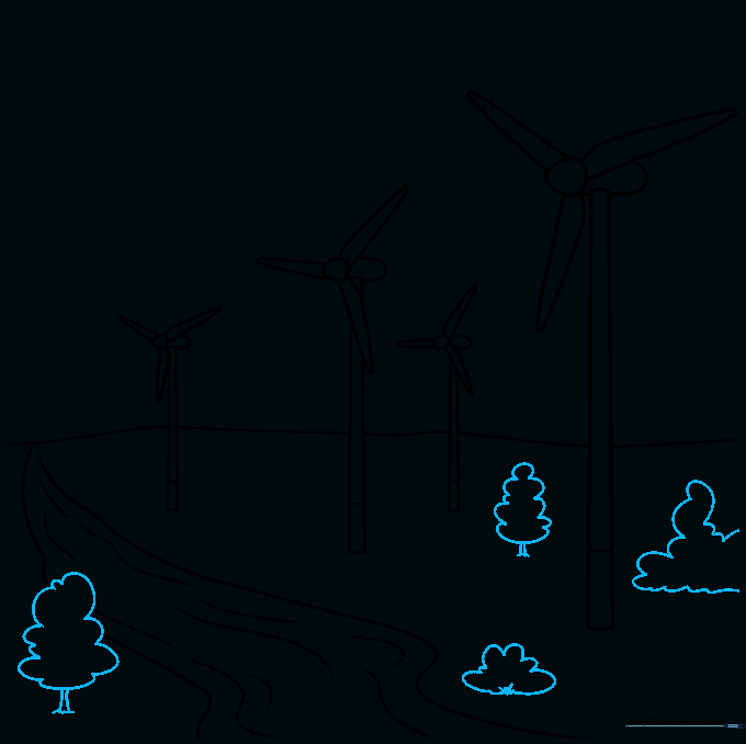 Adding small trees and bushes to show the scale of the wind turbines.