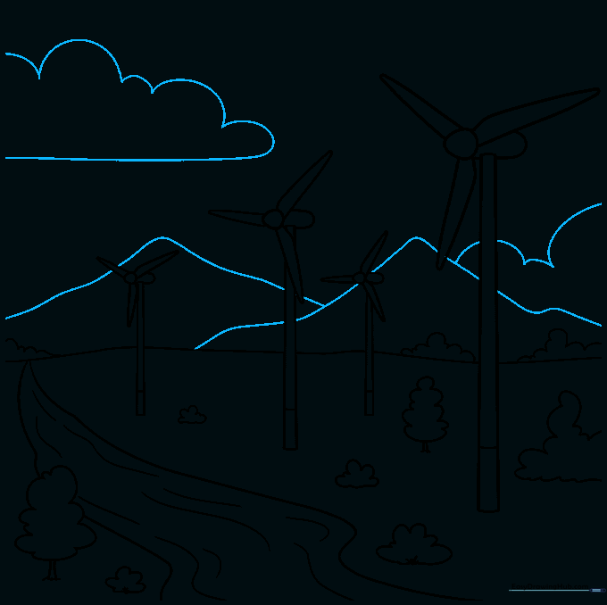 Drawing mountains and clouds in the background to finish the scene.