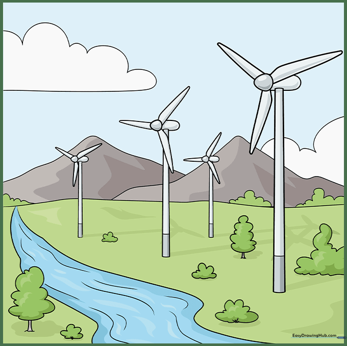 A fully colored wind turbine drawing with a landscape, river, and mountains.