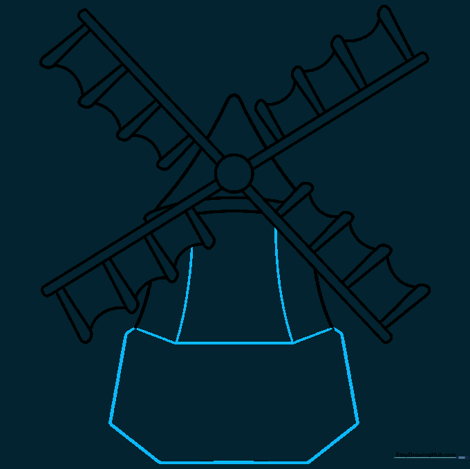 Drawing the lower tower walls and the foundation of the windmill.