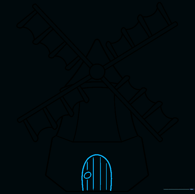 Adding a door with a handle and plank details to the base of the windmill.