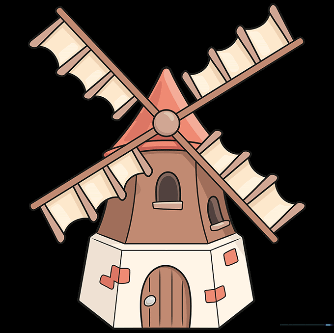 The completed windmill drawing, fully colored with brown and grey tones.