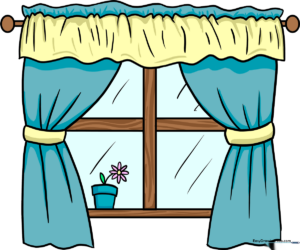 A colorful, finished cartoon window drawing with curtains and a flower pot, serving as the final guide result.