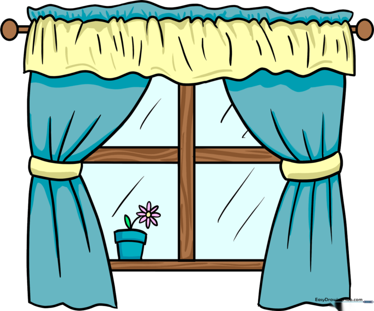 A colorful, finished cartoon window drawing with curtains and a flower pot, serving as the final guide result.