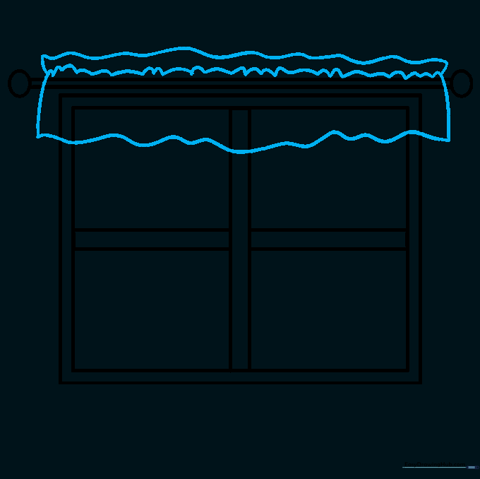 A decorative fabric valance with wavy edges hanging over the top of the window.