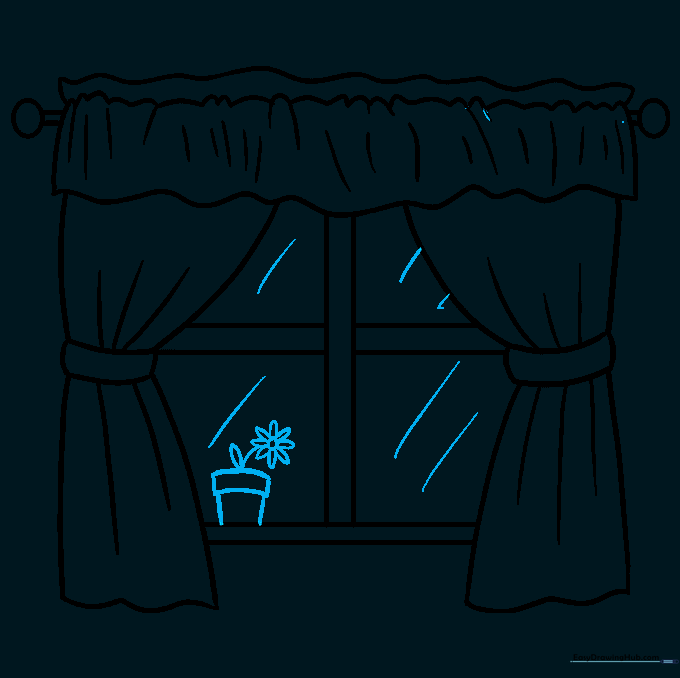 A potted flower on the windowsill and diagonal lines on the window panes to represent glass reflection.