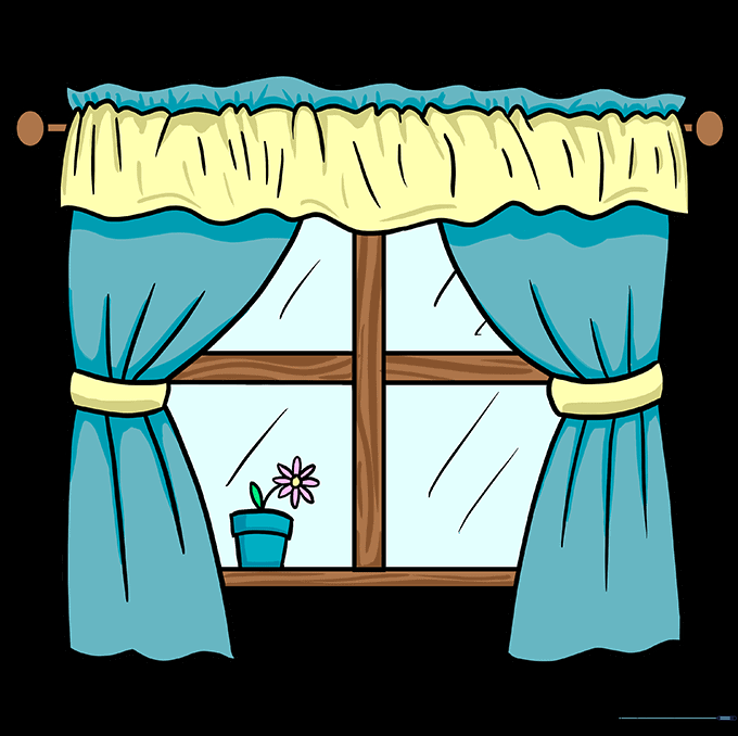 A fully colored and detailed cartoon window illustration.