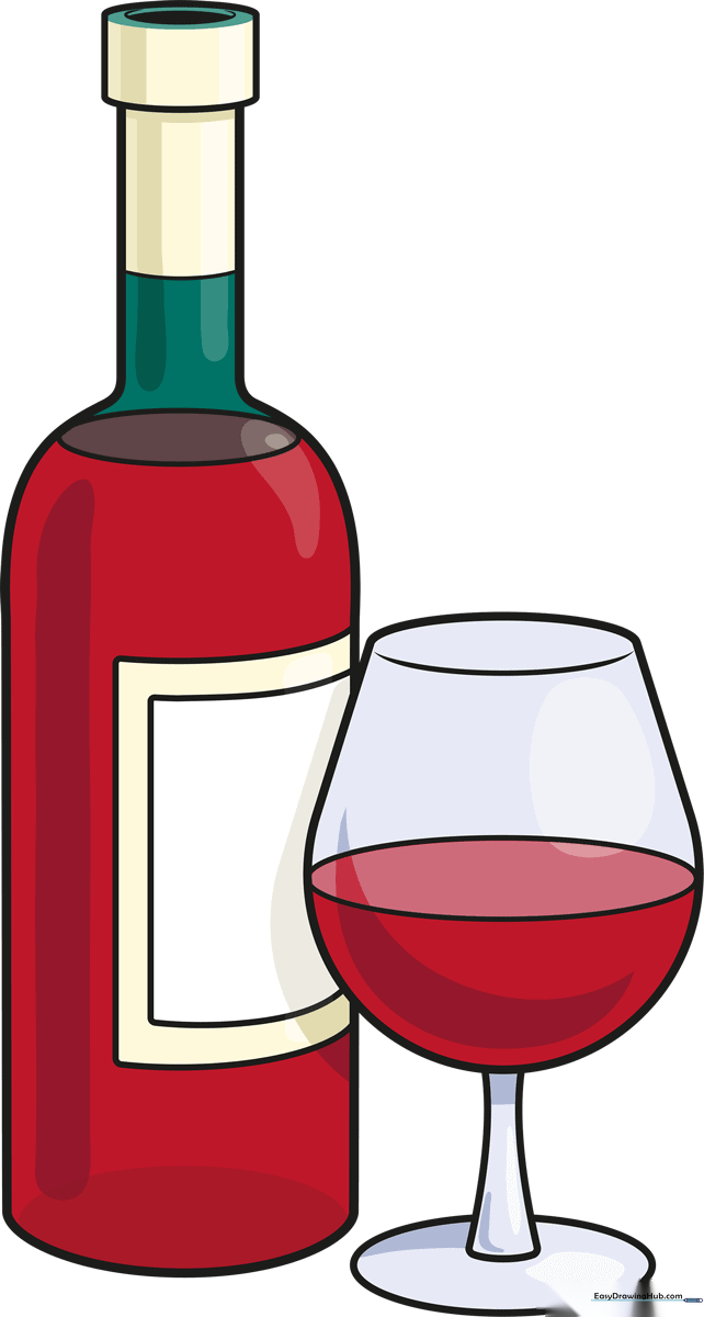 Finished colored drawing of a wine bottle and glass.