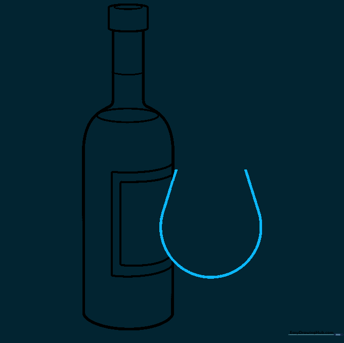 Sketching a U-shaped wine glass next to the bottle.