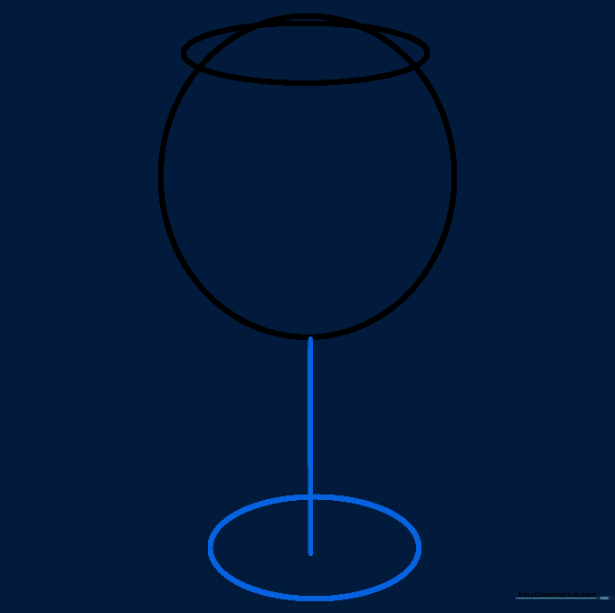 Construction lines showing a vertical stem and a flat oval base for the wine glass.