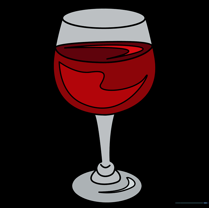 The completed wine glass drawing colored with shades of red and clear glass highlights.