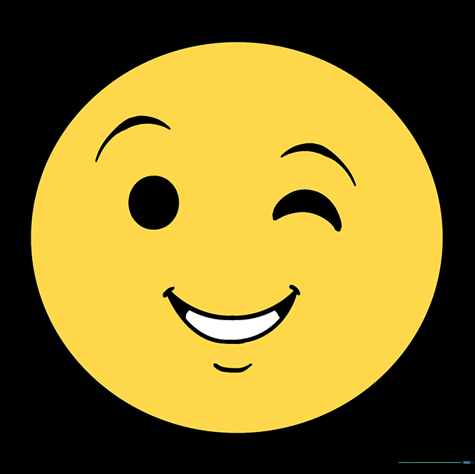 The finished wink emoji drawing, fully colored in bright yellow with shading.