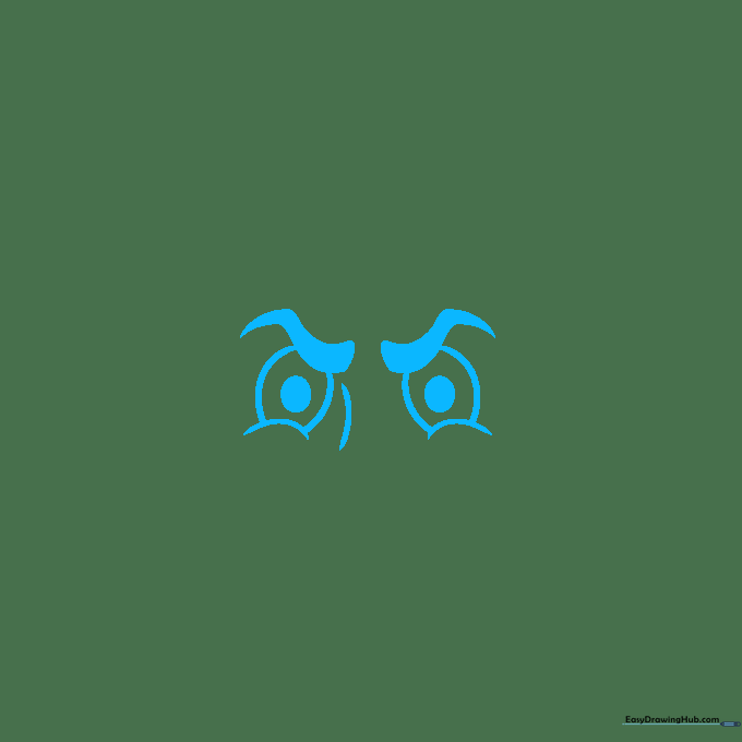 Pencil sketch showing two oval eyes with pupils and wavy eyebrows for a cartoon witch face.