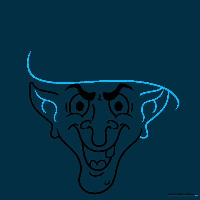 Drawing the brim of the witch's hat and adding the second ear to the face.