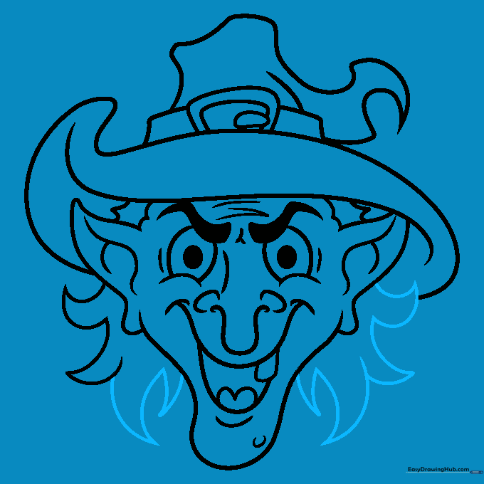 Completing the witch's wild hair by adding matching strokes on the right side.
