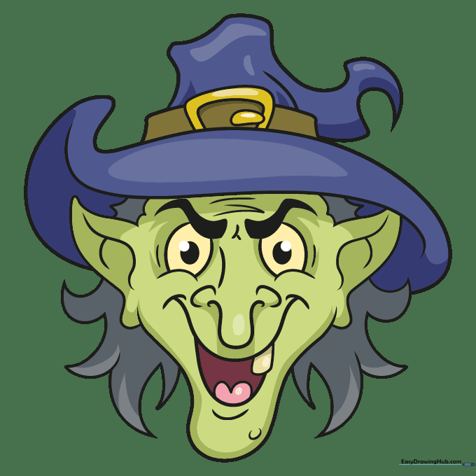 A fully colored, cartoon-style witch face with green skin, gray hair, and a colorful hat.