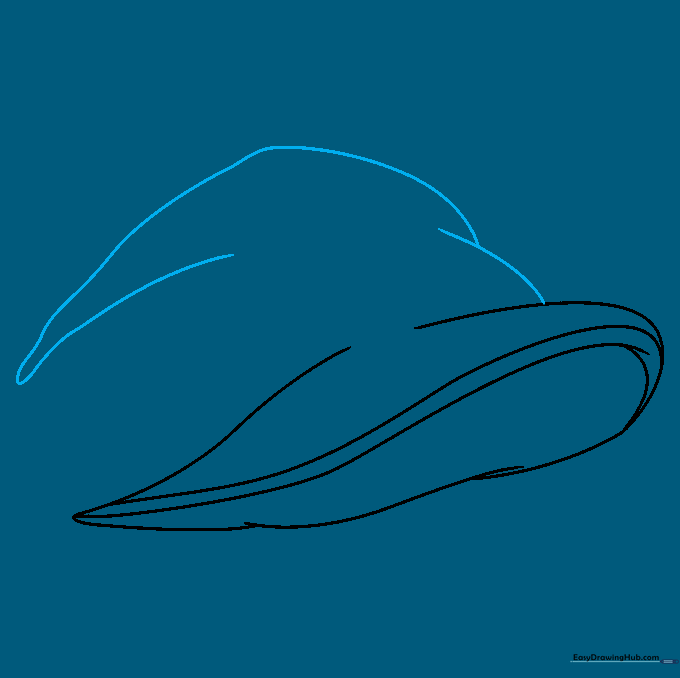 Sketching the tall, pointed crown of the witch hat using curved lines.