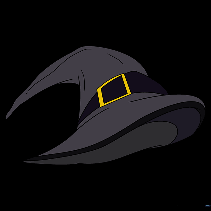 The finished witch hat drawing, fully colored with a black hat and a gold buckle.