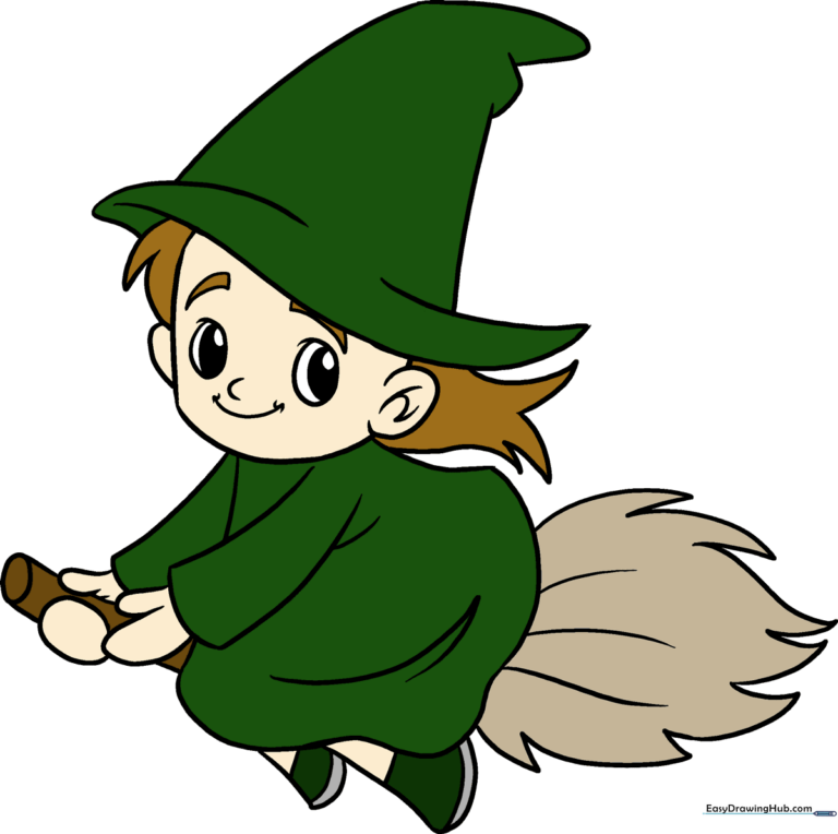 A colorful, friendly witch character holding a broomstick, perfect for a Halloween art project.