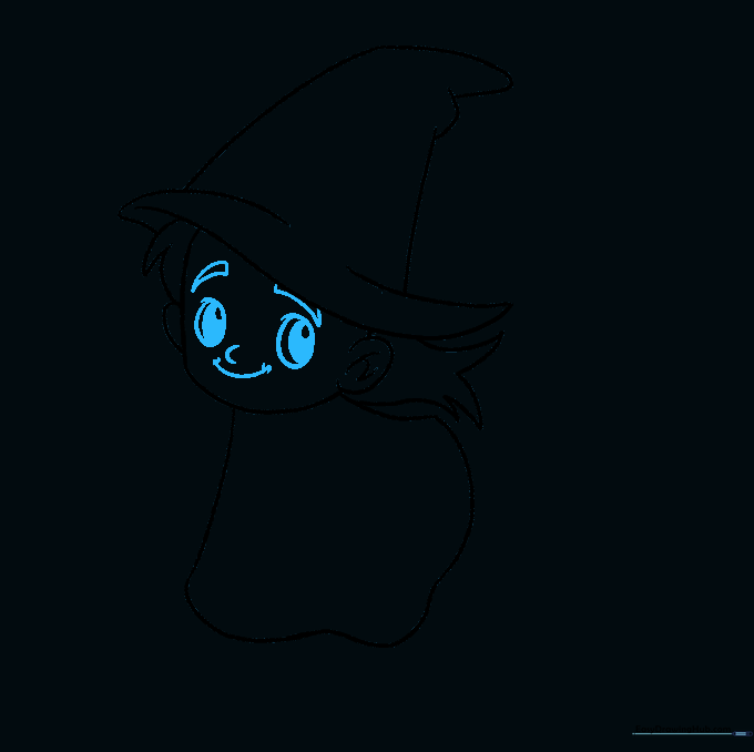 The witch's face featuring large, expressive eyes, a small nose, and a wide, friendly smile.