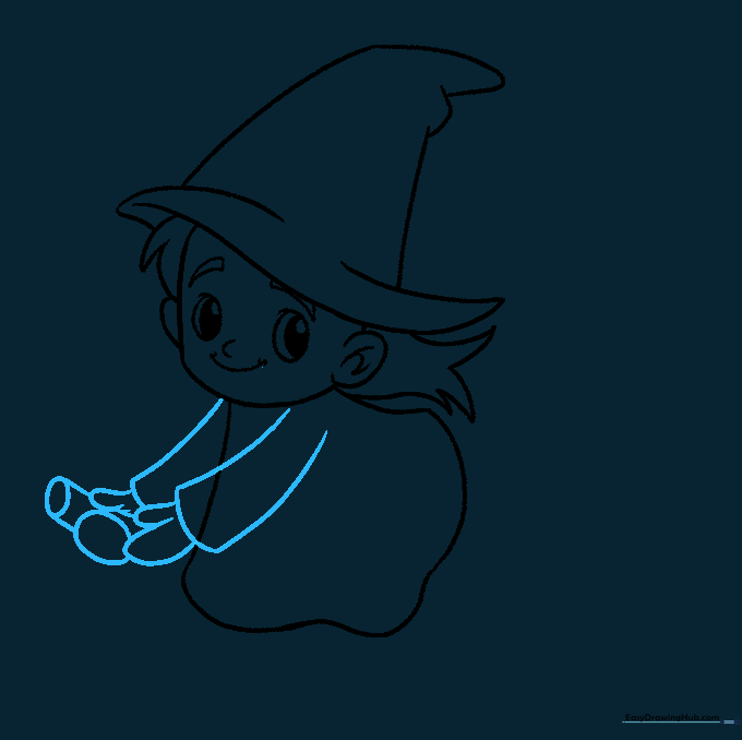 The witch now has arms, mitten-like hands, and is holding a broomstick.