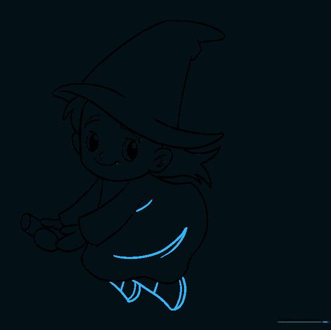 The witch's drawing now includes feet and subtle lines indicating folds in her gown.