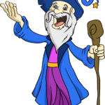 A colorful, friendly wizard holding a magical staff, ready for a fantasy adventure.