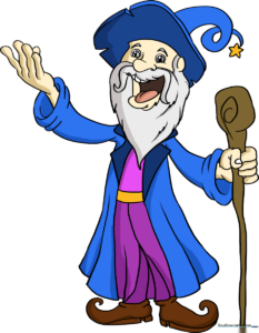 A colorful, friendly wizard holding a magical staff, ready for a fantasy adventure.