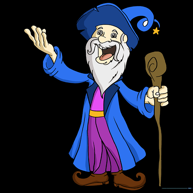 Fully colored cartoon wizard character.