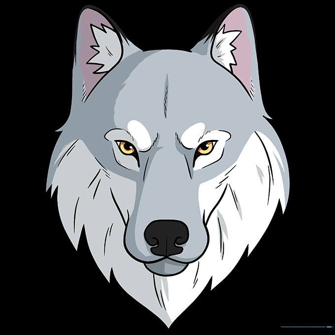 Finished colored wolf face drawing with gray fur, yellow eyes, and pink ear accents.