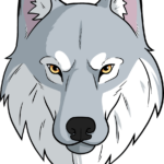 A completed, colored cartoon wolf face drawing, showcasing professional shading and fur texture.