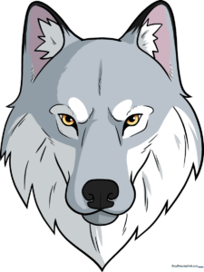 A completed, colored cartoon wolf face drawing, showcasing professional shading and fur texture.