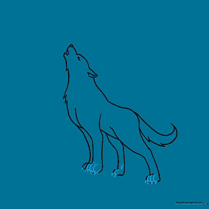 Close-up detail of the wolf's paws with toes and claws defined.