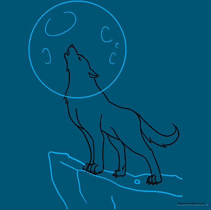 The wolf standing on a rocky cliff with a large moon in the background.