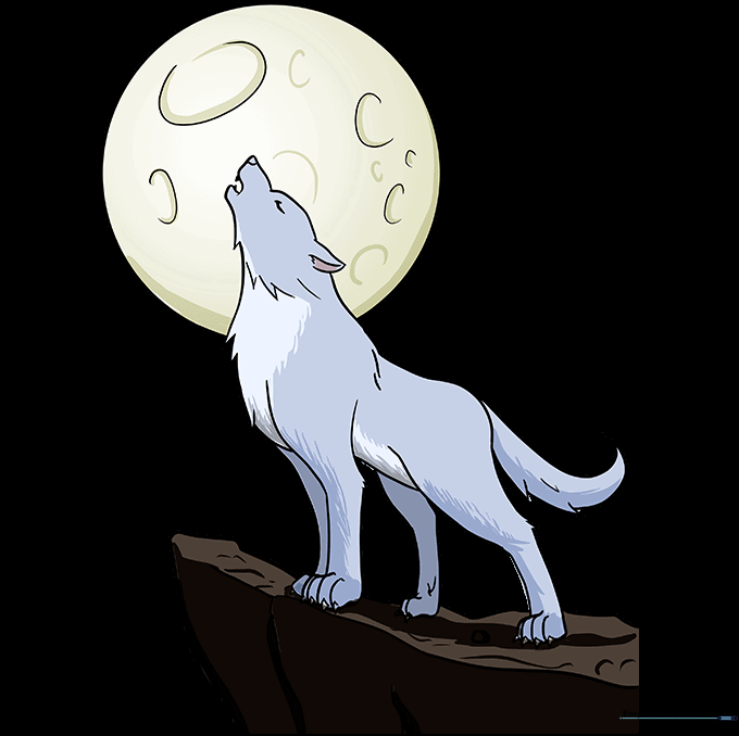 A fully colored cartoon howling wolf against a moonlit background.