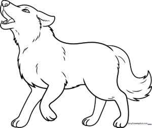A completed, friendly cartoon wolf standing in profile, ready for coloring.