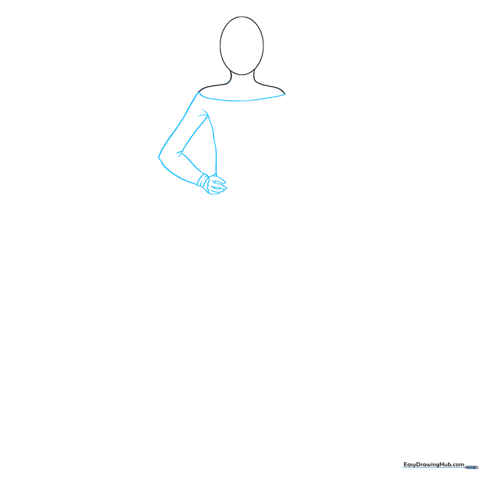 Line drawing showing the neckline, one arm with a bent elbow, and a hand.