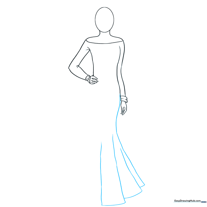 Drawing of the torso extending into a flared dress with pleat details.