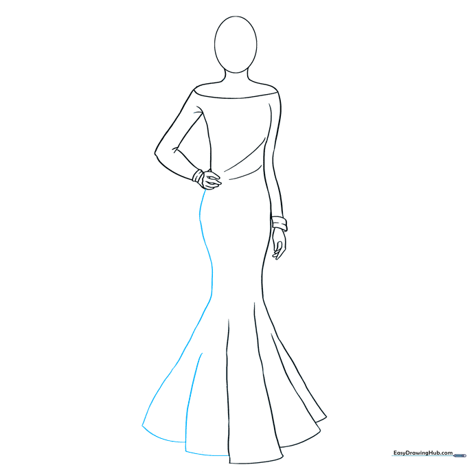 Completed outline of the dress showing the full skirt and pleats.