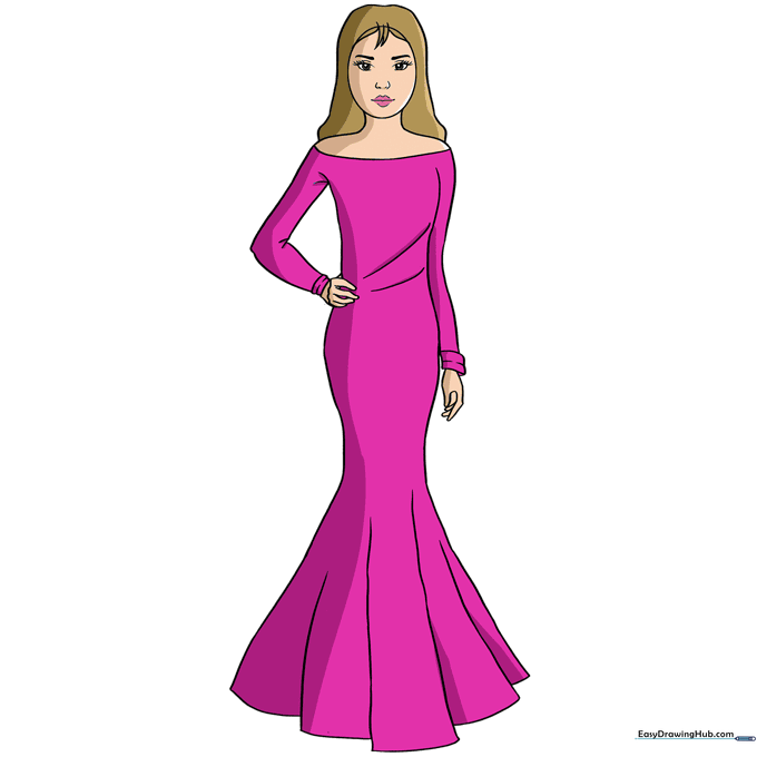 The final colored drawing of the woman in a dress.