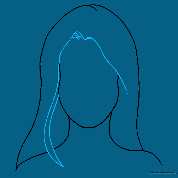 Detailed hair volume with an M-shaped part and added texture lines.