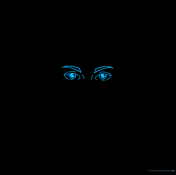 Detailed eyes with pupils, irises, and triangular eyebrows.
