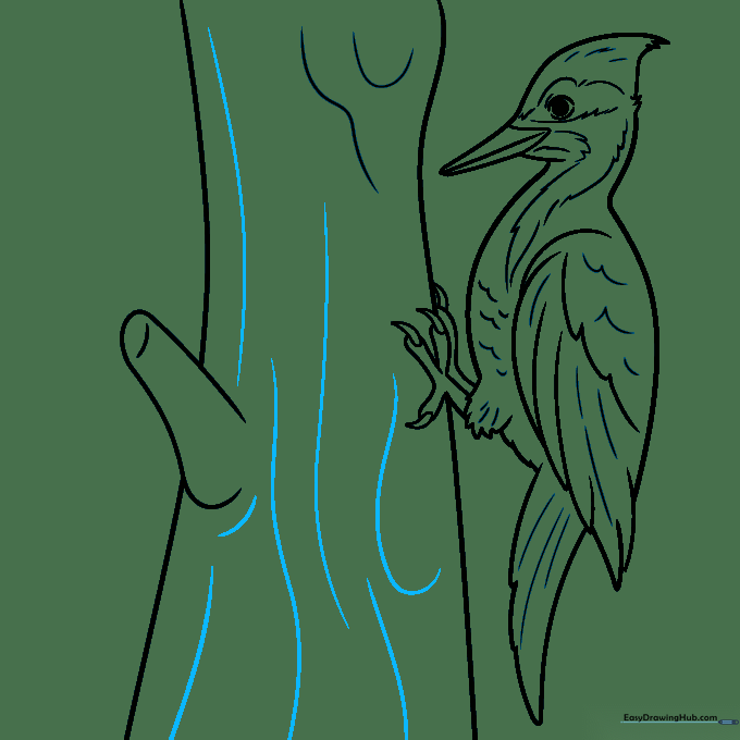 Finalizing the tree bark texture with long, flowing lines.